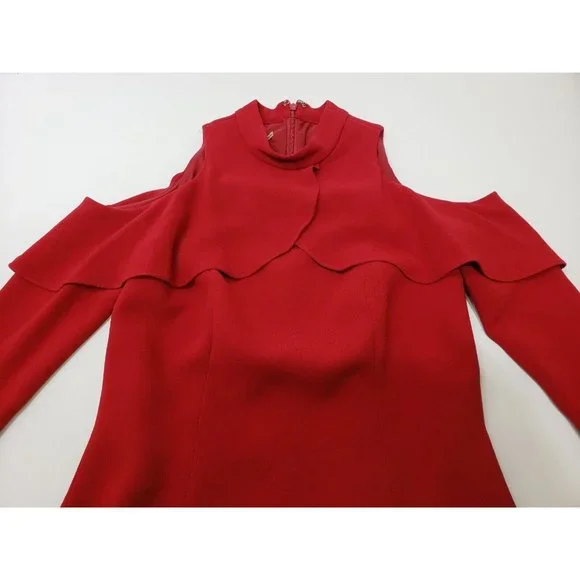 Rickie Freeman Teri Jon Womens Dress Mock Neck Peep Shoulder Flounce Red Size 2
